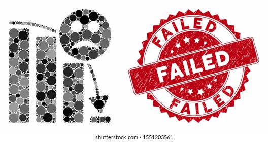 Mosaic sad decline trend and corroded stamp watermark with Failed phrase. Mosaic vector is formed with sad decline trend icon and with randomized circle elements. Failed stamp seal uses red color,