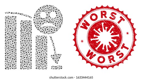 Mosaic sad decline trend icon and red round grunge stamp watermark with Worst caption and coronavirus symbol. Mosaic vector is composed from sad decline trend icon and with random ellipse spots.