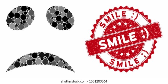Mosaic sad emote smile and rubber stamp seal with Smile text. Mosaic vector is created with sad emote smile icon and with randomized spheric items. Smile stamp seal uses red color,