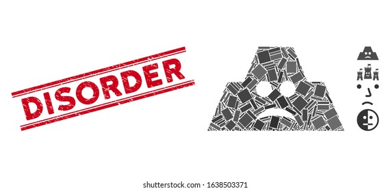 Mosaic sad fortification icon and red Disorder stamp between double parallel lines. Flat vector sad fortification mosaic icon of randomized rotated rectangular items.