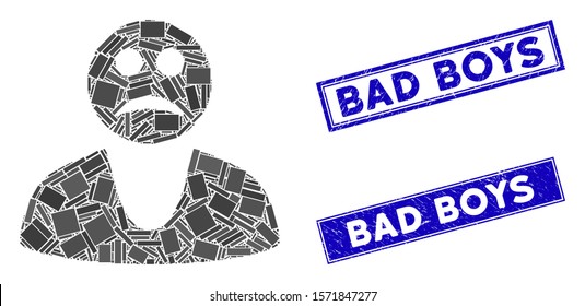 Mosaic sad guy pictogram and rectangle Bad Boys seals. Flat vector sad guy mosaic pictogram of randomized rotated rectangle items. Blue Bad Boys rubber seals with corroded textures.