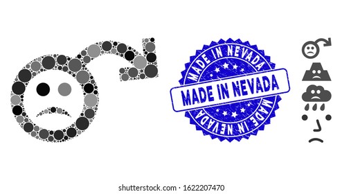 Mosaic sad impotence icon and rubber stamp watermark with Made in Nevada phrase. Mosaic vector is designed with sad impotence pictogram and with scattered circle spots.