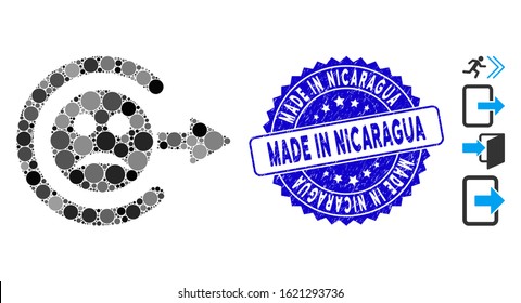 Mosaic sad logout icon and corroded stamp seal with Made in Nicaragua phrase. Mosaic vector is formed with sad logout icon and with scattered spheric spots. Made in Nicaragua seal uses blue color,