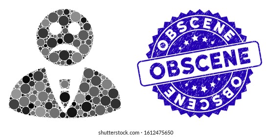 Mosaic sad manager icon and rubber stamp watermark with Obscene caption. Mosaic vector is composed with sad manager icon and with randomized spheric elements. Obscene stamp seal uses blue color,