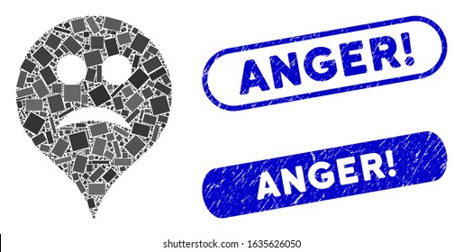 Mosaic sad map marker and grunge stamp seals with Anger! text. Mosaic vector sad map marker is created with scattered rectangle items. Anger! stamp seals use blue color,