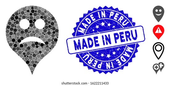 Mosaic sad map marker icon and rubber stamp seal with Made in Peru text. Mosaic vector is designed with sad map marker icon and with randomized spheric items. Made in Peru seal uses blue color,