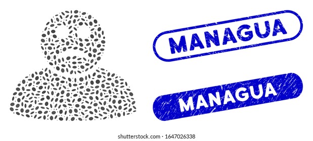 Mosaic sad person and distressed stamp seals with Managua caption. Mosaic vector sad person is composed with random elliptic spots. Managua stamp seals use blue color, and have round rectangle shape.