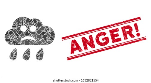 Mosaic sad rain cloud icon and red Anger! seal stamp between double parallel lines. Flat vector sad rain cloud mosaic pictogram of scattered rotated rectangle items.