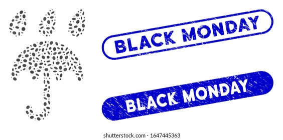 Mosaic sad rain umbrella and grunge stamp seals with Black Monday phrase. Mosaic vector sad rain umbrella is composed with scattered oval items. Black Monday stamp seals use blue color,