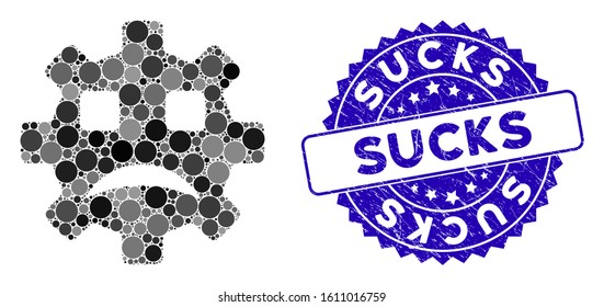 Mosaic sad service gear smiley icon and grunge stamp seal with Sucks text. Mosaic vector is formed from sad service gear smiley icon and with random spheric items. Sucks stamp seal uses blue color,