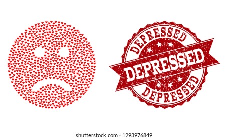 Mosaic sad smiley designed with red love hearts, and isolated grunge watermark. Composition for Valentines Day. Sad smiley concept constructed with small scattered amour heart icons.