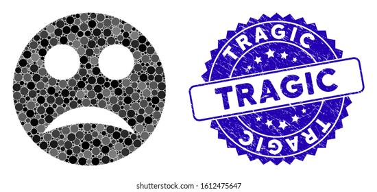 Mosaic sad smiley icon and grunge stamp seal with Tragic caption. Mosaic vector is composed with sad smiley icon and with randomized round spots. Tragic stamp uses blue color, and dirty texture.