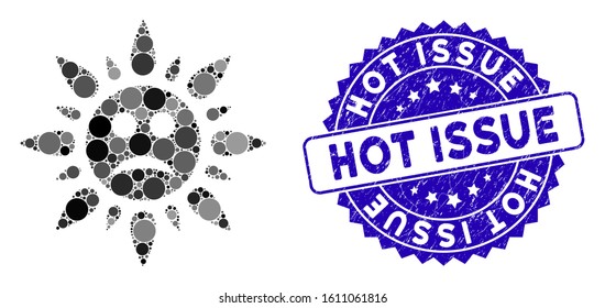 Mosaic sad sun light icon and grunge stamp seal with Hot Issue text. Mosaic vector is created with sad sun light icon and with randomized circle items. Hot Issue stamp uses blue color,