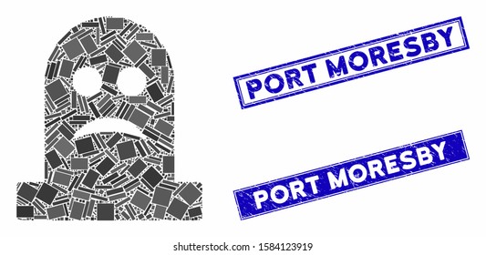 Mosaic sad tomb icon and rectangular Port Moresby stamps. Flat vector sad tomb mosaic icon of scattered rotated rectangular elements. Blue Port Moresby seal stamps with grunged textures.