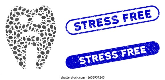 Mosaic sad tooth and distressed stamp seals with Stress Free text. Mosaic vector sad tooth is designed with randomized oval items. Stress Free stamp seals use blue color,