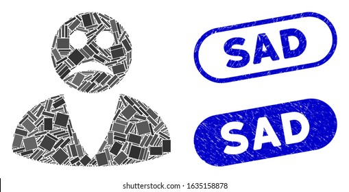 Mosaic sad user and corroded stamp seals with Sad phrase. Mosaic vector sad user is composed with randomized rectangles. Sad stamp seals use blue color, and have round rectangle shape.