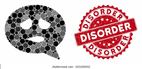 Mosaic sadly face message and distressed stamp watermark with Disorder phrase. Mosaic vector is designed with sad face message icon and with random circle elements.