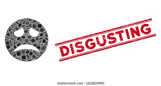 Mosaic sadness smiley icon and red Disgusting seal stamp between double parallel lines. Flat vector sadness smiley mosaic icon of randomized rotated rectangular elements.
