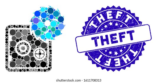 Mosaic safe hacking theft icon and rubber stamp seal with Theft text. Mosaic vector is formed from safe hacking theft icon and with random spheric elements. Theft stamp seal uses blue color,