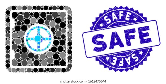 Mosaic safe icon and grunge stamp seal with Safe phrase. Mosaic vector is designed with safe icon and with randomized circle elements. Safe stamp uses blue color, and distress texture.