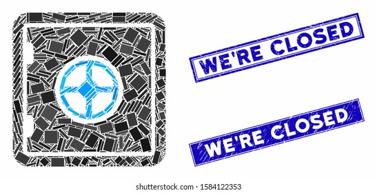 Mosaic safe icon and rectangular We'Re Closed seals. Flat vector safe mosaic icon of randomized rotated rectangular items. Blue We'Re Closed rubber seals with grunge texture.