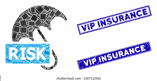 Mosaic safety umbrella pictogram and rectangular rubber prints. Flat vector safety umbrella mosaic pictogram of scattered rotated rectangular items. Blue caption rubber seals with distress surface.