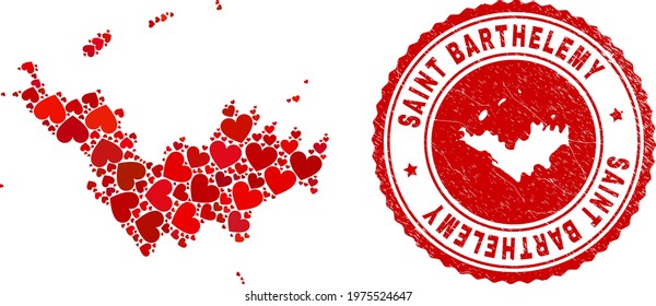 Mosaic Saint Barthelemy map formed from red love hearts, and rubber stamp. Vector lovely round red rubber seal stamp imitation with Saint Barthelemy map inside.