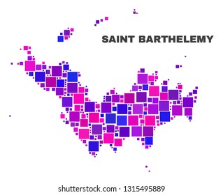 Mosaic Saint Barthelemy map isolated on a white background. Vector geographic abstraction in pink and violet colors. Mosaic of Saint Barthelemy map combined of random square elements.