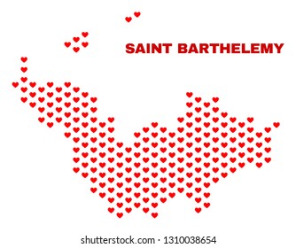 Mosaic Saint Barthelemy map of love hearts in red color isolated on a white background. Regular red heart pattern in shape of Saint Barthelemy map. Abstract design for Valentine decoration.