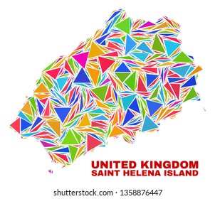 Mosaic Saint Helena Island map of triangles in bright colors isolated on a white background. Triangular collage in shape of Saint Helena Island map. Abstract design for patriotic purposes.
