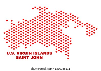 Mosaic Saint John Island map of valentine hearts in red color isolated on a white background. Regular red heart pattern in shape of Saint John Island map. Abstract design for Valentine decoration.