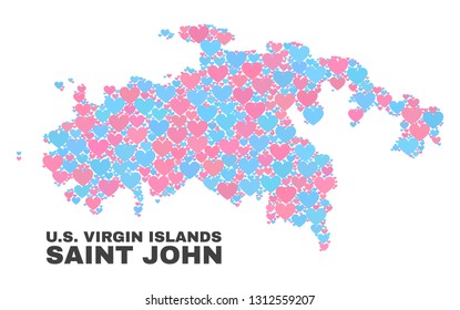 Mosaic Saint John Island map of love hearts in pink and blue colors isolated on a white background. Lovely heart collage in shape of Saint John Island map. Abstract design for Valentine illustrations.