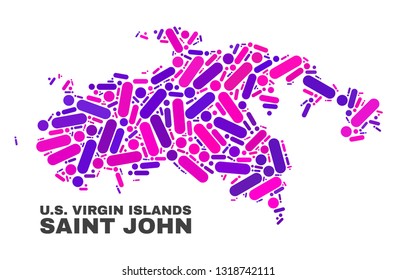 Mosaic Saint John Island map isolated on a white background. Vector geographic abstraction in pink and violet colors. Mosaic of Saint John Island map combined of random circle points and lines.