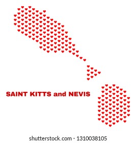 Mosaic Saint Kitts and Nevis map of heart hearts in red color isolated on a white background. Regular red heart pattern in shape of Saint Kitts and Nevis map. Abstract design for Valentine decoration.