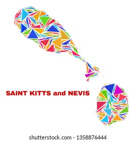 Mosaic Saint Kitts and Nevis map of triangles in bright colors isolated on a white background. Triangular collage in shape of Saint Kitts and Nevis map. Abstract design for patriotic decoration.