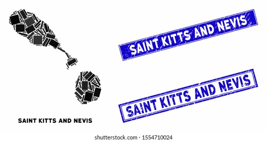 Mosaic Saint Kitts and Nevis map and rectangular seal stamps. Flat vector Saint Kitts and Nevis map mosaic of randomized rotated rectangular items. Blue caption rubber stamps with rubber surface.