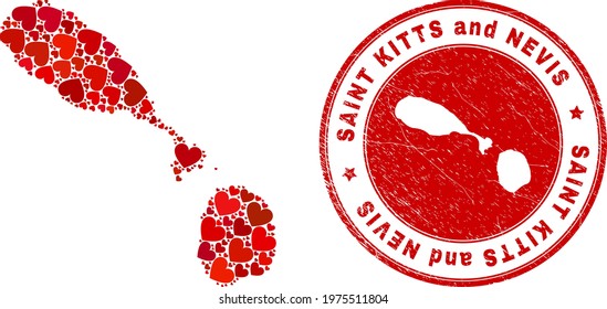 Mosaic Saint Kitts and Nevis map designed with red love hearts, and rubber seal stamp. Vector lovely round red rubber seal stamp imitation with Saint Kitts and Nevis map inside.