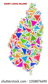 Mosaic Saint Lucia Island map of triangles in bright colors isolated on a white background. Triangular collage in shape of Saint Lucia Island map. Abstract design for patriotic decoration.