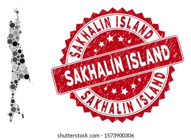 Mosaic Sakhalin Island map and circle seal stamp. Flat vector Sakhalin Island map mosaic of randomized circle elements. Red seal stamp with grunge surface.