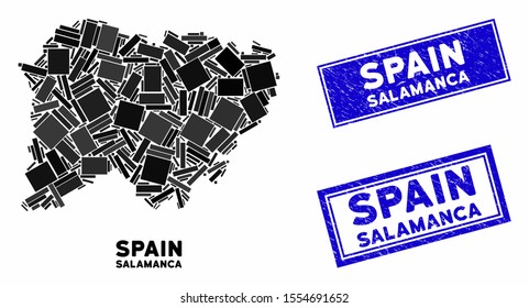 Mosaic Salamanca Province map and rectangle rubber prints. Flat vector Salamanca Province map mosaic of random rotated rectangle items. Blue caption rubber stamps with dirty surface.