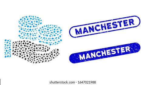 Mosaic salary hand and distressed stamp seals with Manchester text. Mosaic vector salary hand is designed with randomized elliptic pieces. Manchester stamp seals use blue color,