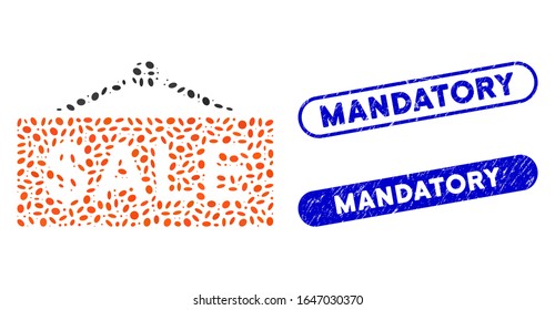 Mosaic sale nameplate and distressed stamp seals with Mandatory phrase. Mosaic vector sale nameplate is created with randomized oval pieces. Mandatory seals use blue color,