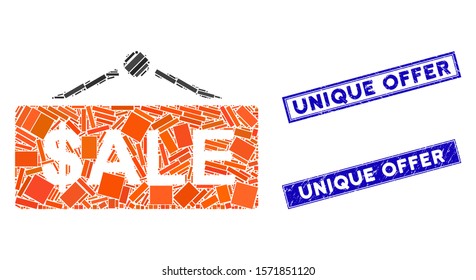 Mosaic sale nameplate icon and rectangular Unique Offer rubber prints. Flat vector sale nameplate mosaic pictogram of scattered rotated rectangular elements.