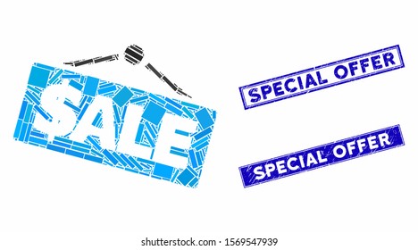 Mosaic sale signboard icon and rectangular rubber prints. Flat vector sale signboard mosaic icon of scattered rotated rectangular items. Blue caption rubber stamps with grunge surface.