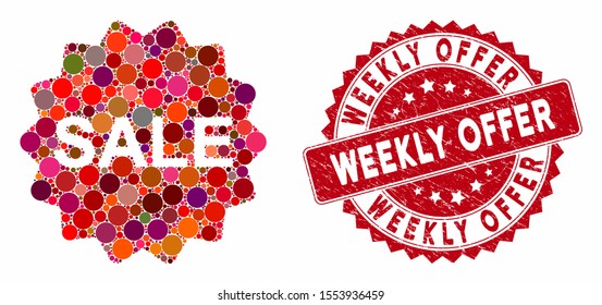 Mosaic sale token and rubber stamp seal with Weekly Offer caption. Mosaic vector is designed with sale token icon and with random circle items. Weekly Offer stamp seal uses red color,