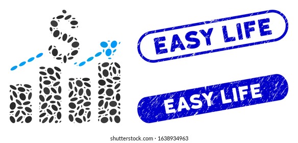 Mosaic sales bar chart and grunge stamp seals with Easy Life text. Mosaic vector sales bar chart is created with random oval dots. Easy Life stamp seals use blue color, and have round rectangle shape.