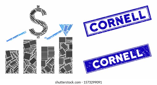 Mosaic sales bar chart icon and rectangular Cornell rubber prints. Flat vector sales bar chart mosaic icon of random rotated rectangular items. Blue Cornell rubber seals with corroded surface.