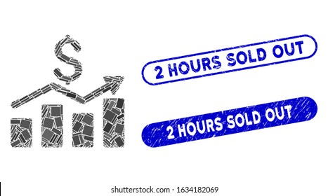 Mosaic sales chart and distressed stamp seals with 2 Hours Sold Out text. Mosaic vector sales chart is composed with randomized rectangle items. 2 Hours Sold Out seals use blue color,