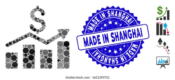 Mosaic sales chart icon and corroded stamp watermark with Made in Shanghai text. Mosaic vector is formed with sales chart icon and with randomized round elements.