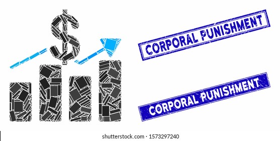 Mosaic sales chart icon and rectangle Corporal Punishment stamps. Flat vector sales chart mosaic icon of scattered rotated rectangle items. Blue Corporal Punishment stamps with corroded texture.